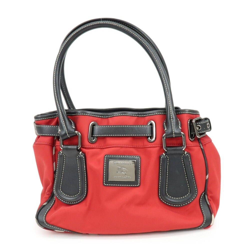 Burberry Blue Label Nova Plaid Nylon Leather Handbag Red